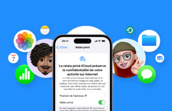 iPhone affichant Relais privé iCloud avec Memoji et icônes d'applications.