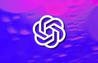 Logo OpenAI ChatGPT sur fond dégradé violet et rose.