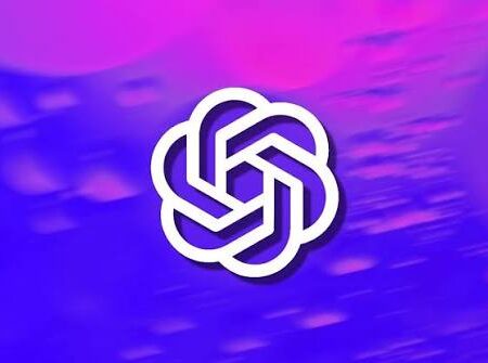 Logo OpenAI ChatGPT sur fond dégradé violet et rose.