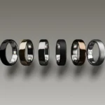Oura Ring : le même abonnement, mais pas les mêmes fonctionnalités Six anneaux connectés de différentes couleurs métalliques avec capteurs.