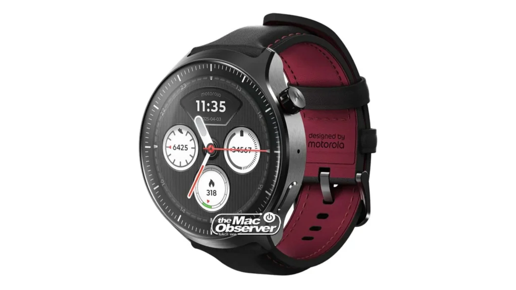 Montre connectée Motorola à cadran noir et bracelet bicolore.