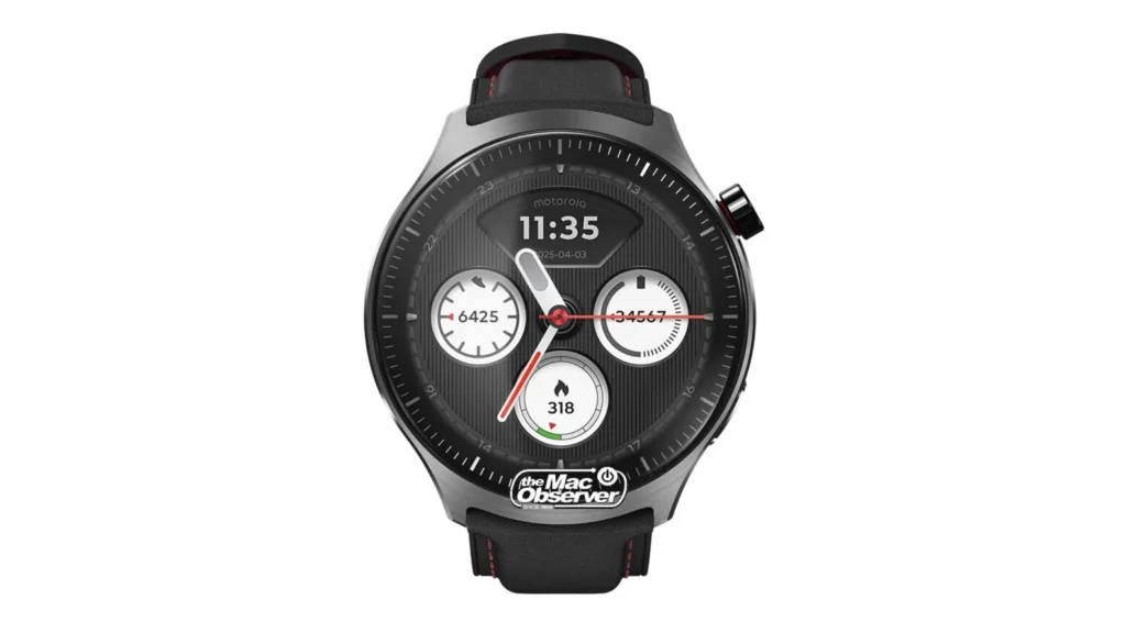Montre connectée Motorola grise, affichant l'heure et des statistiques fitness.
