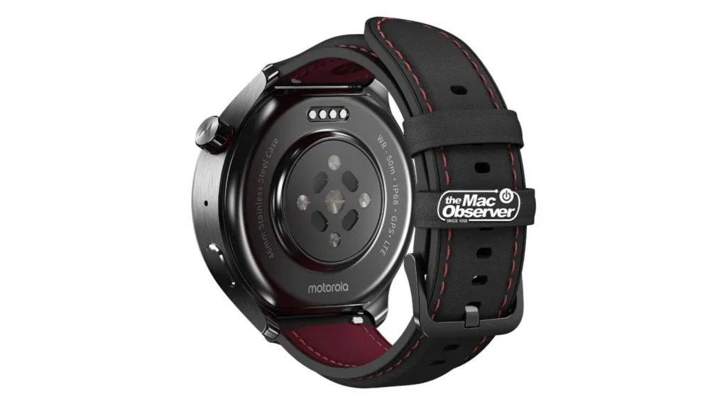 Montre connectée Motorola noire, vue arrière, bracelet cuir sur fond blanc.