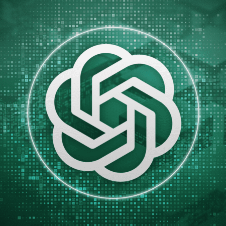 Logo OpenAI blanc sur fond numérique vert avec motifs binaires.