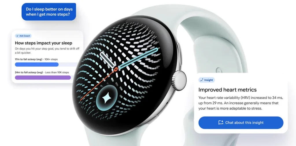Montre connectée avec aperçus de sommeil et métriques cardiaques.