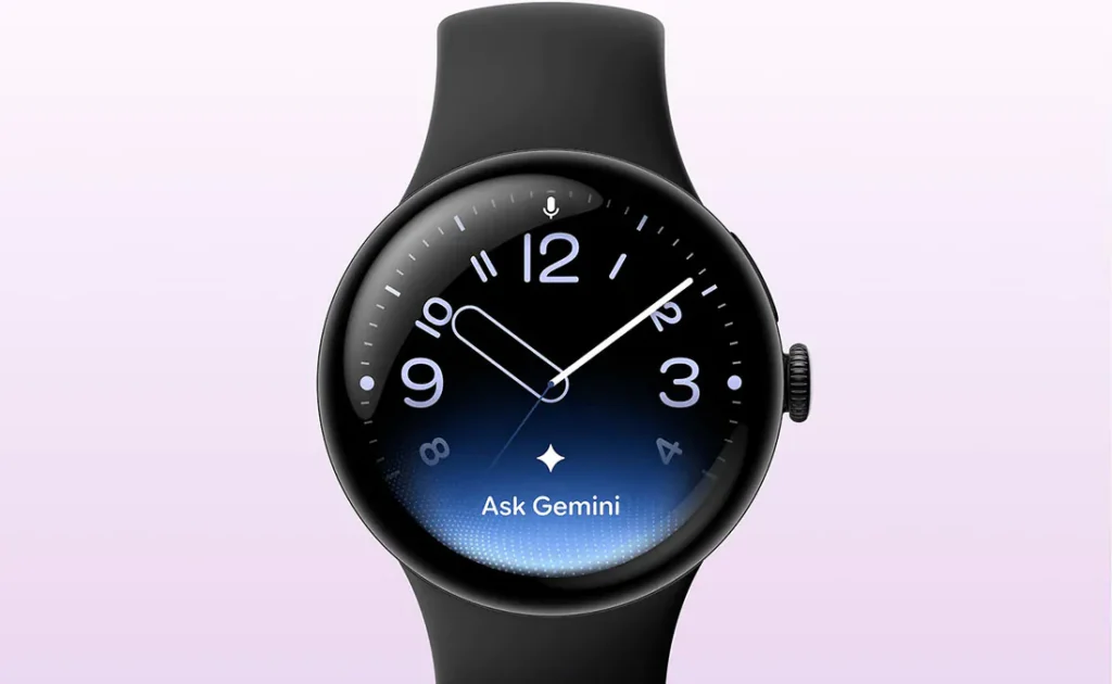 Montre connectée Google Pixel noire avec cadran et Ask Gemini.