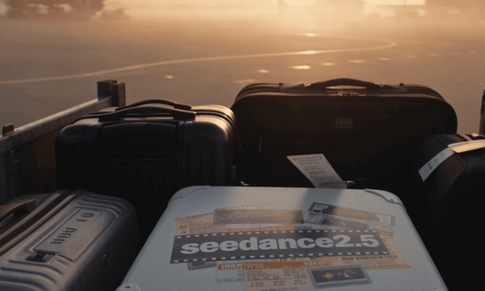 Valises sur chariot à l'aéroport au coucher du soleil.