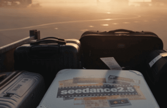 Valises sur chariot à l'aéroport au coucher du soleil.