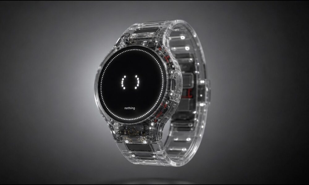 Montre connectée transparente Nothing avec écran noir et logo lumineux.