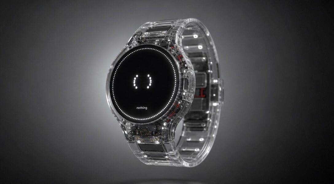 Montre connectée transparente Nothing avec écran noir et logo lumineux.