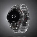 Montre connectée transparente Nothing avec écran noir et logo lumineux.