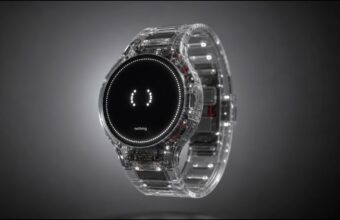 Montre connectée transparente Nothing avec écran noir et logo lumineux.