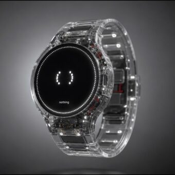 Montre connectée transparente Nothing avec écran noir et logo lumineux.