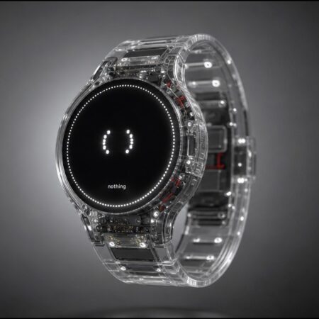Montre connectée transparente Nothing avec écran noir et logo lumineux.