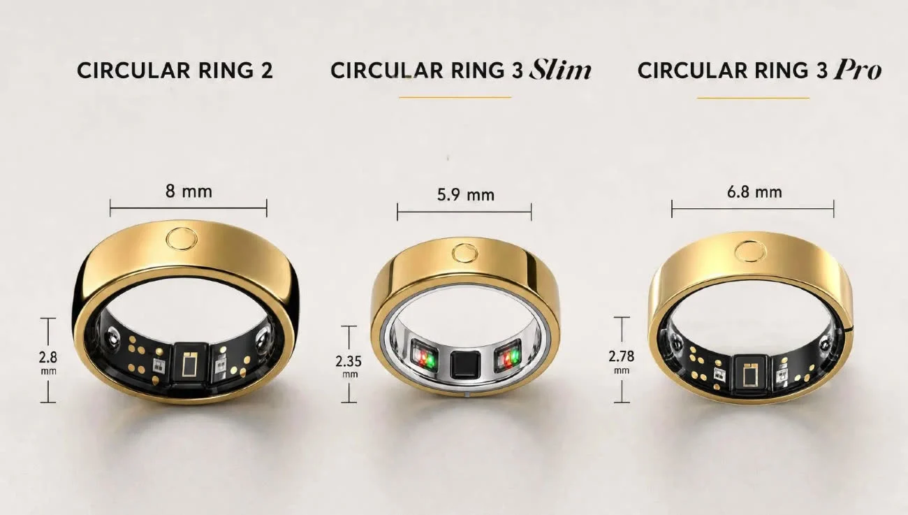 Trois bagues intelligentes Circular dorées avec leurs dimensions.